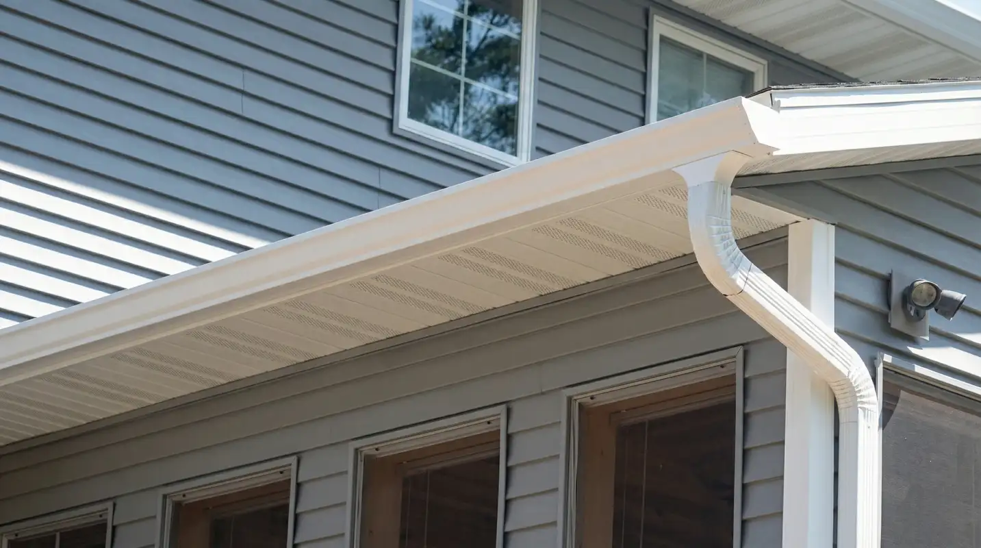 Professional home remodeling project showing newly installed white seamless gutters and downspouts on a house with gray siding in New Haven, CT