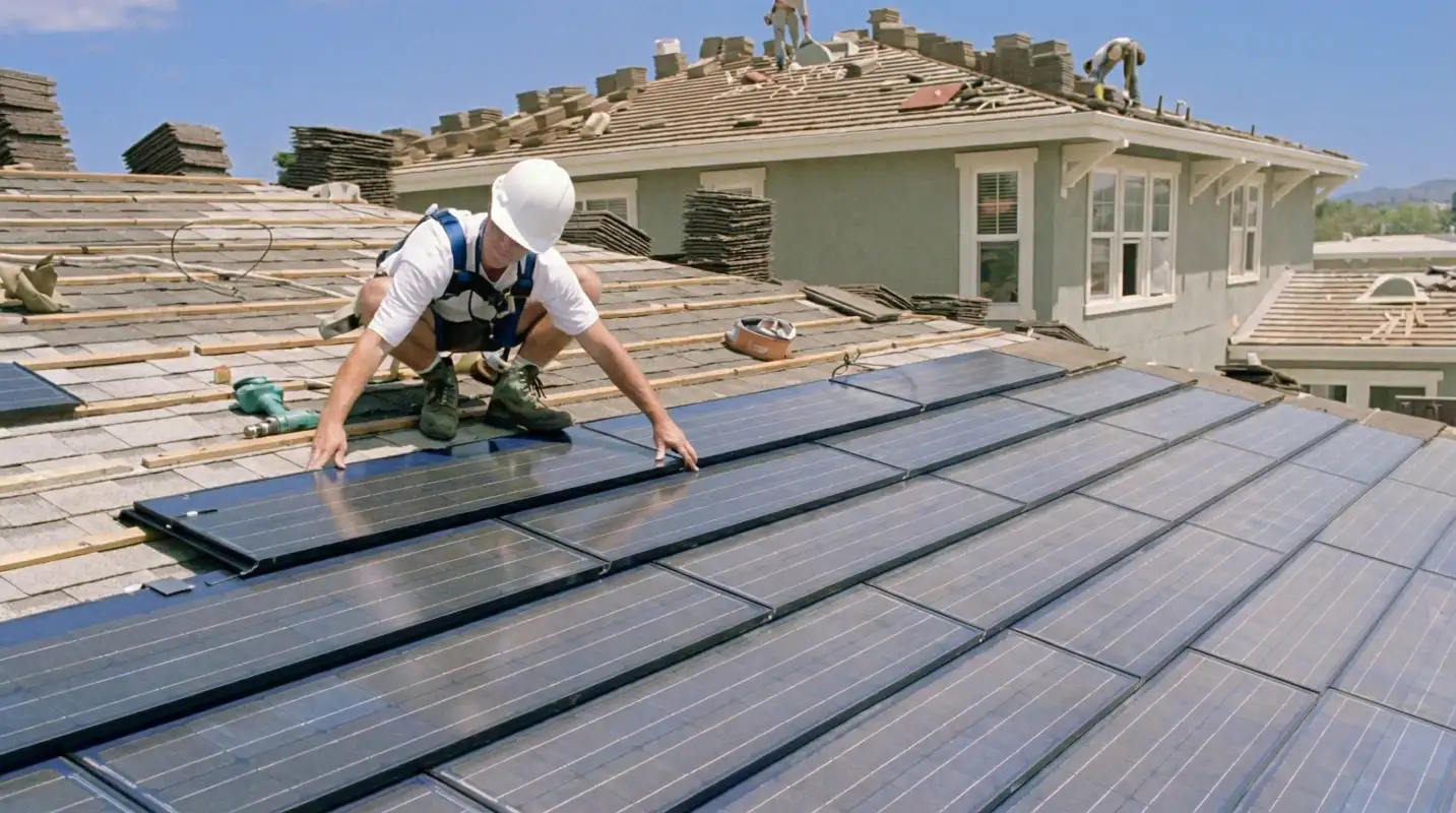 Roof replacement expert installing modern solar shingles on a residential home in New Haven, CT