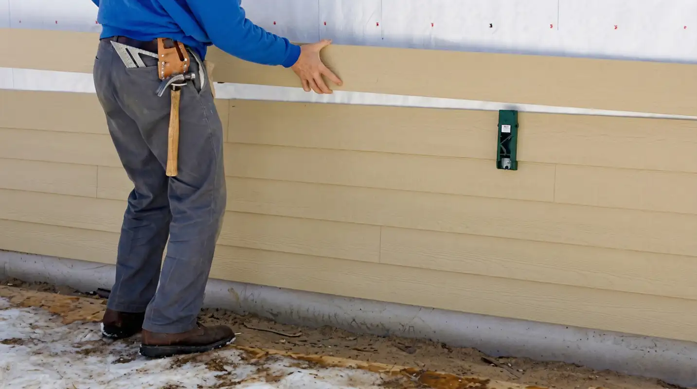 Siding replacement expert carefully aligning a new tan siding panel onto a residential exterior wall in New Haven, CT
