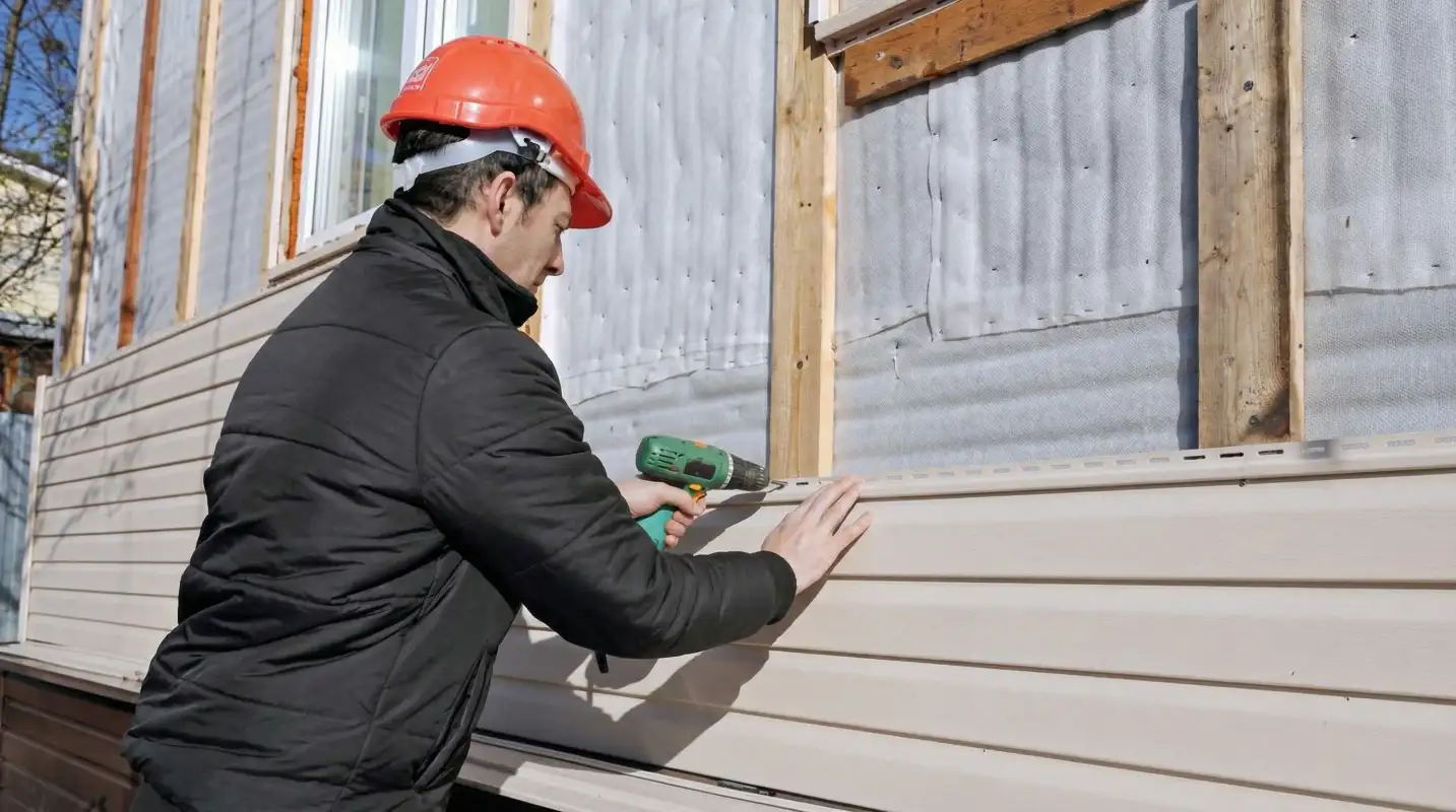 Siding replacement professional using a power drill to install new tan vinyl siding on a home exterior in New Haven, CT