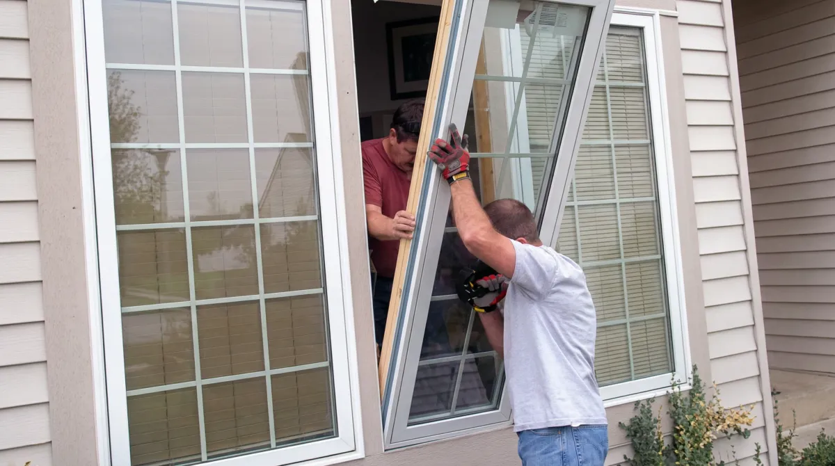 Professional home remodeling team installing a large replacement window on a house with tan siding in New Haven, CT