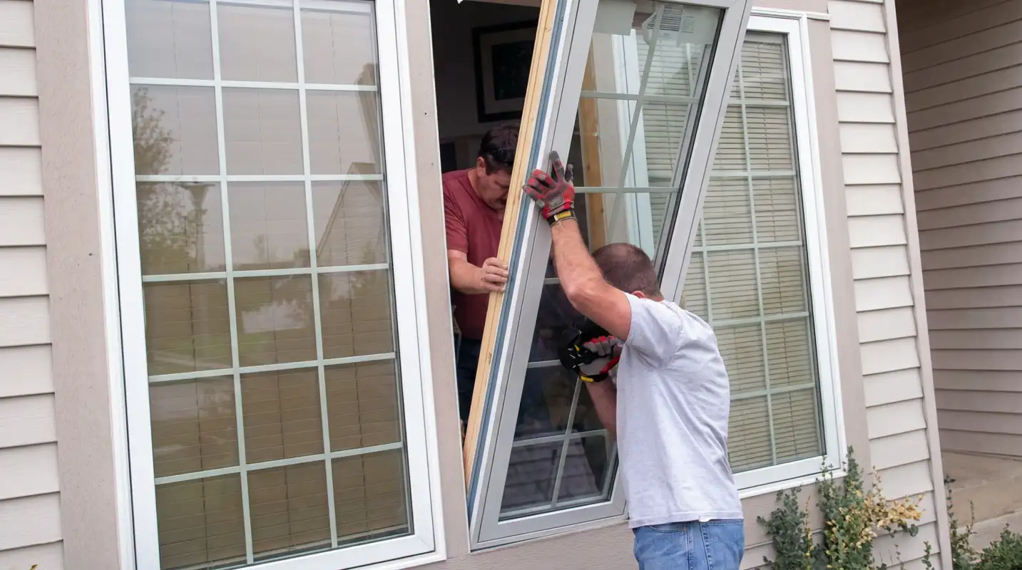 Professional home remodeling team installing a large replacement window on a house with tan siding in New Haven, CT